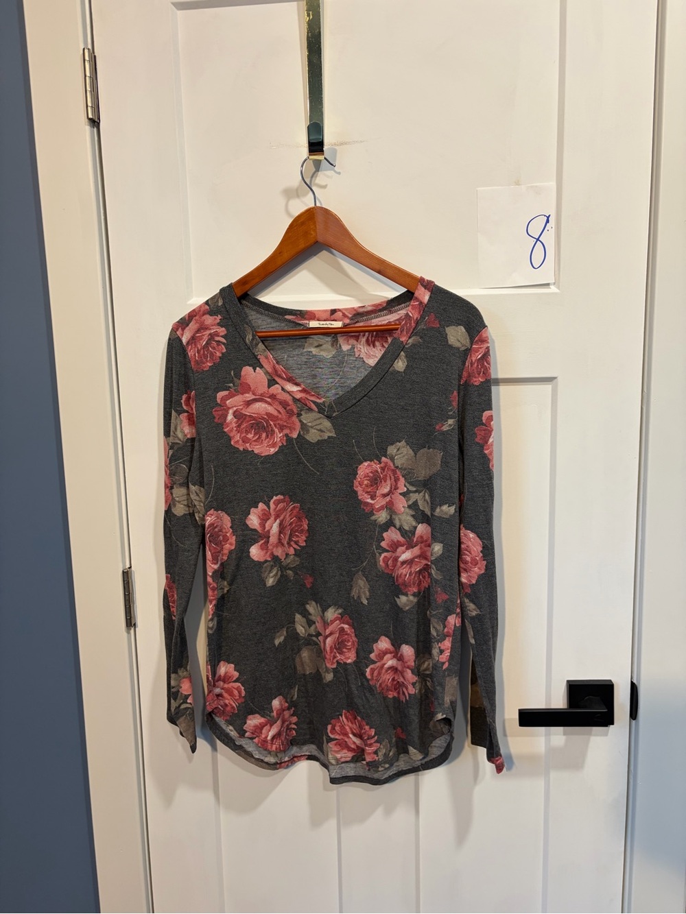 Twenty Charcoal Gray Long Sleeve V-Neck Top with Pink Floral Print